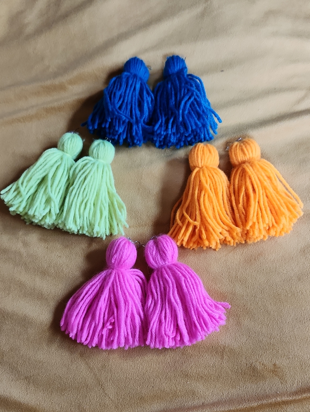 Colorful Yarn Tassel Earrings - Pink, Blue, Orange, Lime - Picture 1 of 5